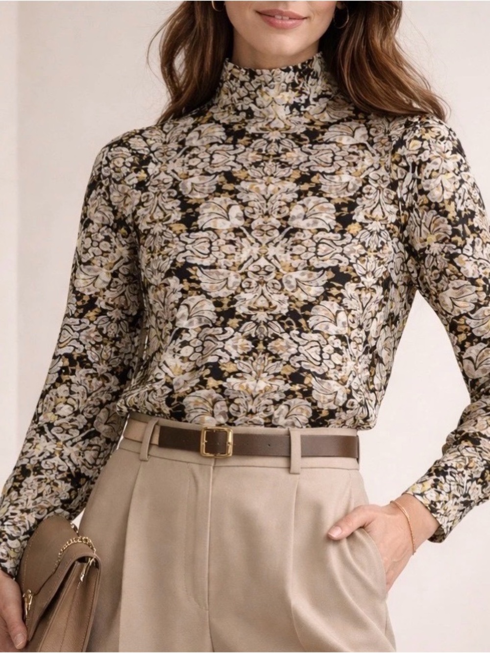 BUCKETLIST Mock-Neck Floral Long-Sleeve Top in Black and Cream with Gold Accents